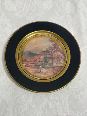 Homer Laughlin Classic Black and Gold Decorative Plate with Rural Scene